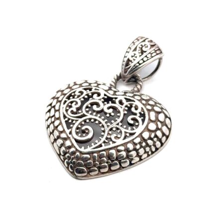 925 Sterling Silver Filigree Scroll Cutout Pattern Heart Pendant Thailand, 11.4g