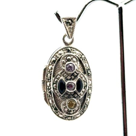 .925 Sterling Silver Black Onyx, CZ, & Marcasite Locket Pendant, 7.7g