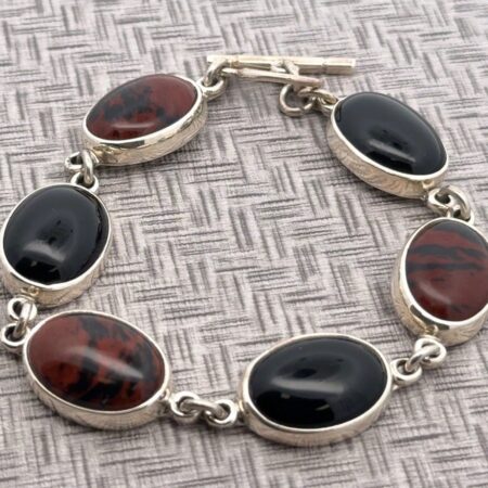 Taxco 7.75” 925 Sterling Silver Onyx & Mahogany Obsidian Bracelet, 27.6g