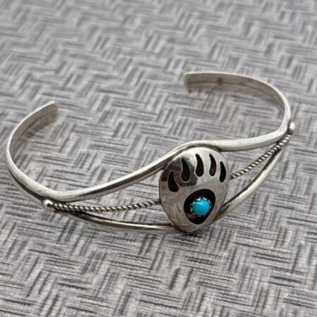 6” Sterling Silver Bear Paw Design Turquoise Cuff Bracelet, 7.1g
