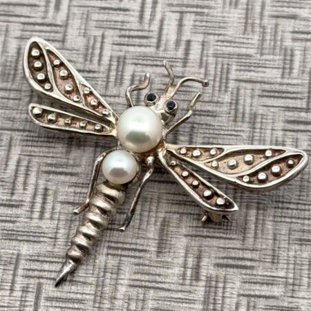 925 Sterling Silver Cultured Pearl & Blue Sapphire Dragonfly Pin/Brooch, 5.9g