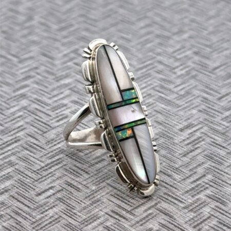 “JJ Sterling” Size-8.25 Native Style MoP, Opal, And Onyx Mosaic Inlay Ring, 7.2g