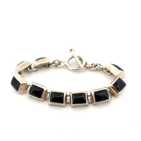 6” Mexico 925 Sterling Silver Onyx Link Toggle Clasp Bracelet 29.7g