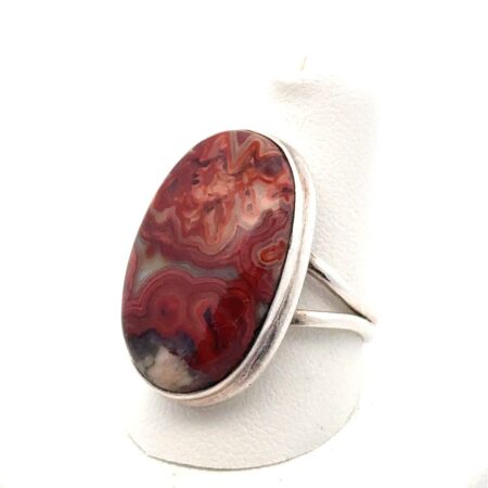 Size-9 .925 Sterling Silver Oval Polished Crazy Lace Agate Ring, 7.2g