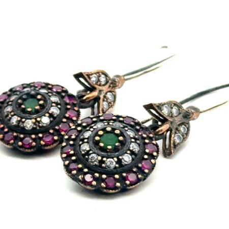 925 Sterling Silver Turkish Handcrafted Emerald, Ruby, & CZ Drop Earrings, 9.9g