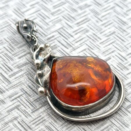 Vintage Art Nouveau Style Baltic Amber 925 Sterling Silver Pendant, 12.8 Grams