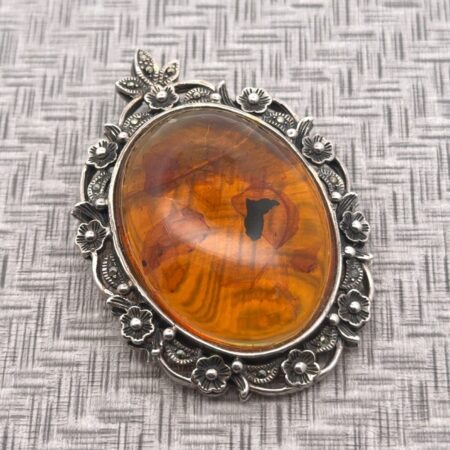 Vtg. Art Nouveau Style Amber &  Marcasite Frame Sterling Silver Brooch/Pin 22.6g