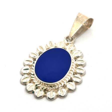 925 Sterling Silver Lapis Lazuli Center Stone Scalloped Border Pendant, 12.3g