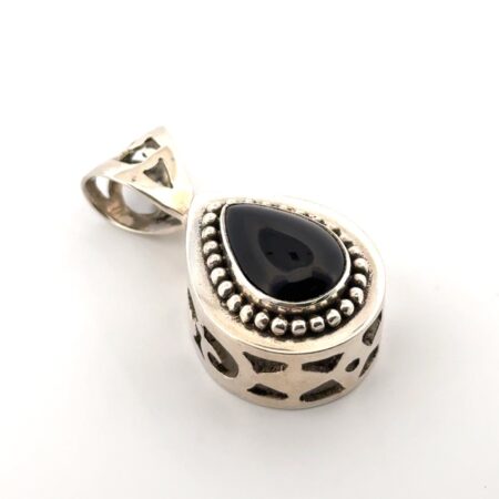 925 Sterling Silver Black Onyx Teardrop Open Work Pendant 10g