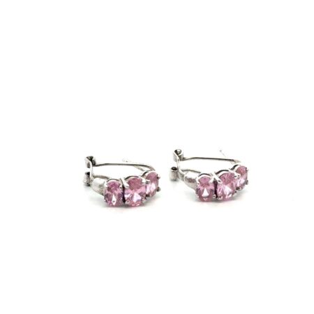 .925 Sterling Silver 3 Oval Pink Stone Omega Back Earrings, 4.1g
