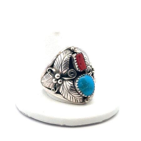 Size-13 Navajo 925 Sterling Silver Coral & Turquoise Ring, Marked DC. 11.4g