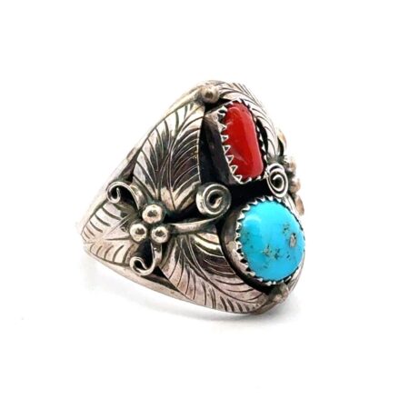 Size-13 Navajo 925 Sterling Silver Coral & Turquoise Ring, Marked DC, 11.7g