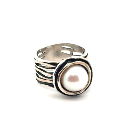 Size-7 “B Israel” 925 Sterling Silver Cigar Hand Roung Cream Pearl Ring, 7.9g