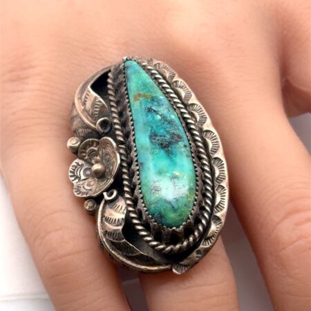 Size 6.75 Native Amer. Sterling Silver Large Turquoise Leaf + Flower Ring 17.6g