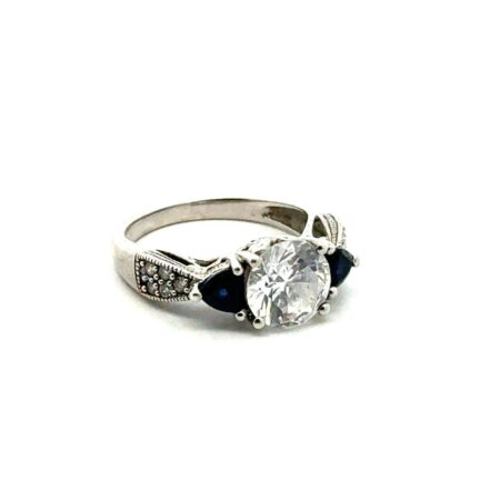 Size-6 .925 Sterling Silver CZ & Sapphire Ring, 3.3g