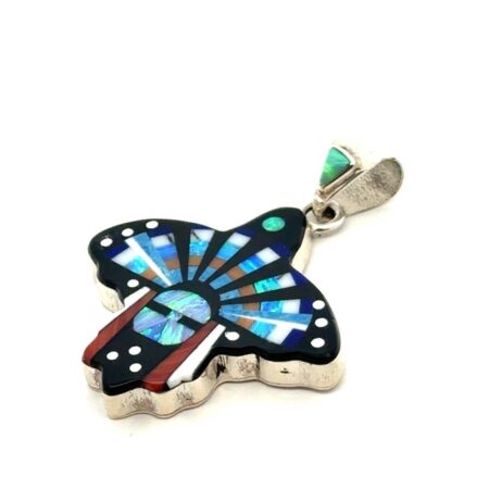 Zuni 925 Sterling Silver Opal Onyx Turquoise Pearl Coral Mosaic Pendant, 7.6g
