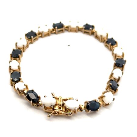 8”x6mm IBB 925 Sterling Silver Gold Vermeil Sapphire & White Opal Bracelet 16.9g