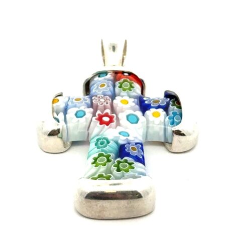 .925 Sterling Silver Murano Melle Fiori Glass Pendant, 2”, Italy, 16.65g