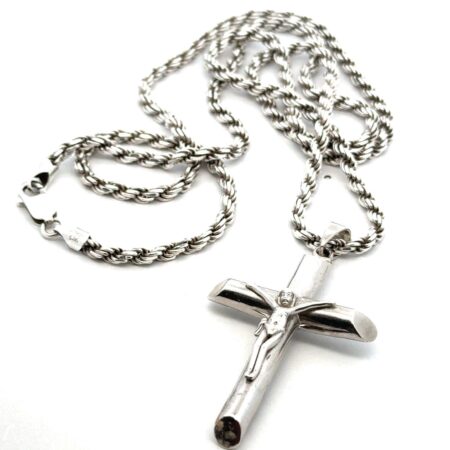 30”x3.4mm 925 Sterling Silver Food Chain w/Sterling Silver Jesus Crucifix, 37.2g
