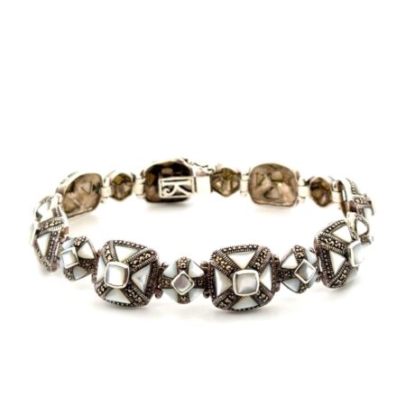 8.5” Vintage Art Deco 925 Sterling Silver Mother of Pearl & Marcasite Bracelet