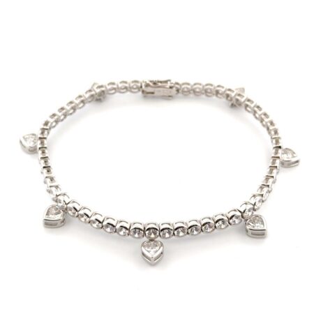 8”  Korea 925 Sterling Silver CZ Tennis Bracelet w/ Dangle Heart Charms 15.2g