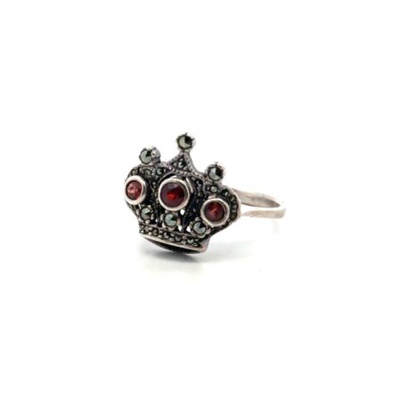 Vintage 925 Sterling Silver Garnet Marcasite Crown Ring, Size-10, 5.1g