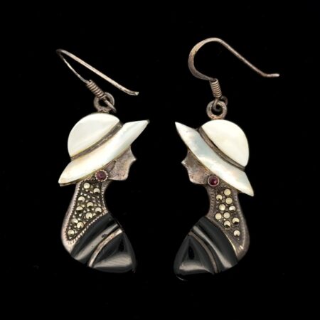 Lady In A Hat Onyx Mother Of Pearl Ruby & Marcasite Sterling Silver Earrings, 6g