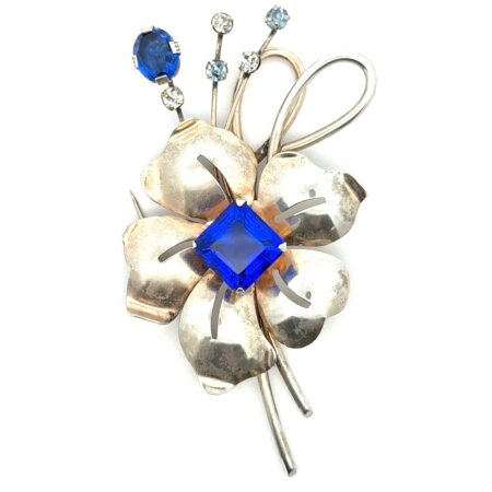 Vtg. 925 Silver Art Deco Floral Brooch/Pin Emerald Cut Rhinestone Crystal 36.5g