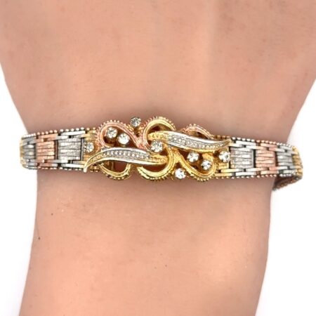 8” 925 Sterling Silver Tri Color Gold Plate CZ Riccio Bracelet, 16.8g
