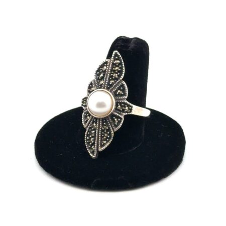 Judith Jack 925 Sterling Silver Faux Pearl & Marcasite Ring Size-11, 10.4g