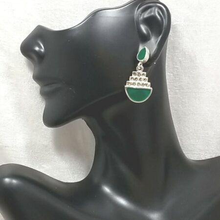 Vintage Sterling Silver Green Chaledony and Marcasite Drop Earrings, 5.2 Grams