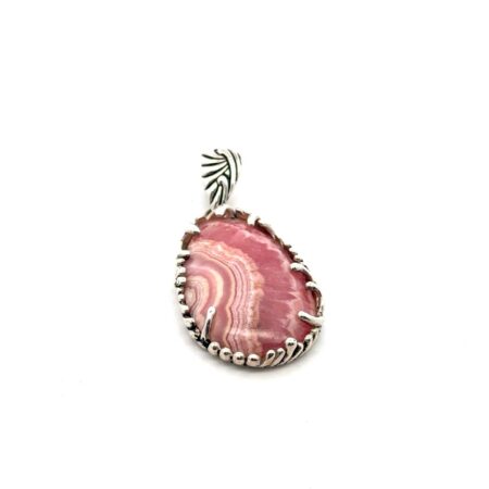 .925 Sterling Silver Rhodochrosite Banded Pink + Cream Stone Pendant, 12.7g