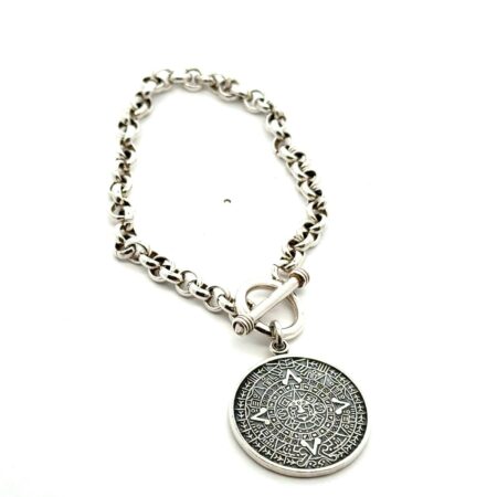 8” Taxco .925 Sterling Silver Aztec Calendar Charm Bracelet, 27.4g