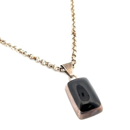 24” Vintage 925 Sterling Silver Rolo Necklace w/ Taxco Black Onyx Pendant 53.1g