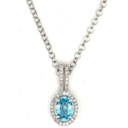18” .925 Sterling Silver Blue Topaz + Diamond Halo & Bail Pendant Necklace, 4.0g