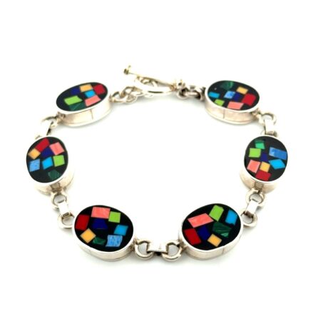 7” Taxco Mexico 925 Sterling Silver Multi-Color Enamel Link Toggle Bracelet 32g
