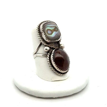 .925 Sterling Silver Sunstone & Abalone North/South Ring, Size-7, 10.4g