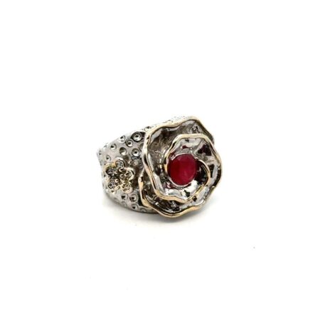 .925 Sterling Silver Gold Accent Rose w/ Center Ruby Stone Ring, Size 7.5, 18.6g