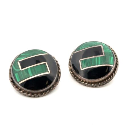 Vintage 925 Sterling Silver Malachite & Onyx Inlay Clip-On Earrings 20.7g