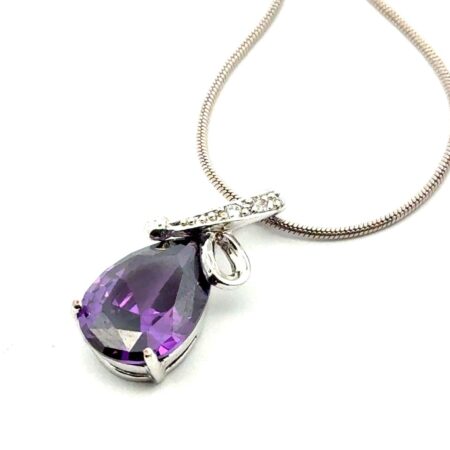 16” .925 Sterling Silver Amethyst Stone & Clear Stone Pendant Necklace, 6.6g