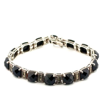 8” GSJ Black Onyx & Marcasite 925 Sterling Silver Bracelet 34.6g