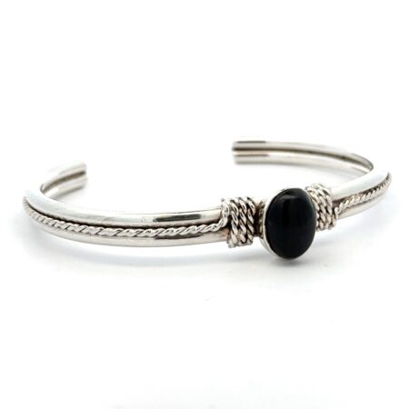.925 Sterling Silver Wrapped Wire Onyx Bangle Bracelet - 7” 30.4g