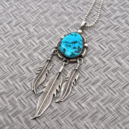 24” Native Amer. Style Sterling Silver Turquoise Feather Pendant Necklace, 9.3g