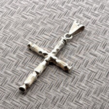 Vintage Taxco 925 Sterling Silver Textured Bamboo Style Design Cross Pendant 16g