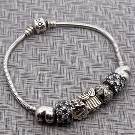 Pandora 5 Charm & Heart Clip Bracelet, 925 Sterling Silver 8.25”, 35.8g