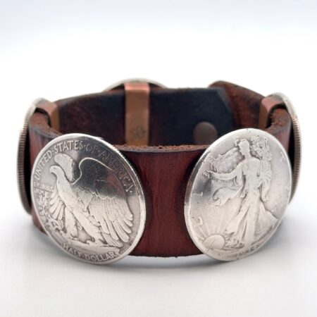 Vtg. Southwestern Leather 5 Walking Liberty 90% Coins 7.5” Bracelet, Marked 1836