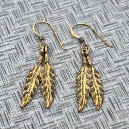 925 Sterling Silver Gold Vermeil Double Feather Dangle Earrings Marked “M” 2.9g