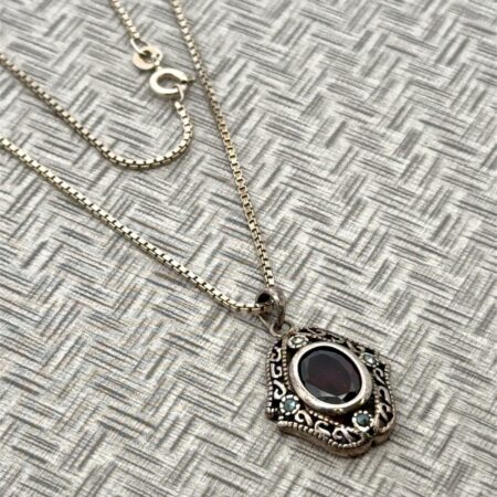 17.5” Sterling Silver Marcasite & Oval Garnet Pendant Necklace, “DBJ”, 6.6 Grams