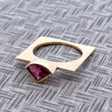 Lee Marriccini 14k Gold Thin Square Geometric Pink Tourmaline Ring, Size-6, 3.7g