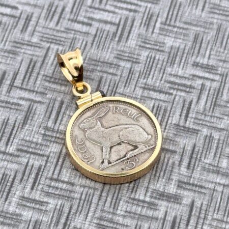 1962 Irish 3 Pence Hare Coin 18k Yellow Gold Pendant, 1.25 Grams Gold Weight
